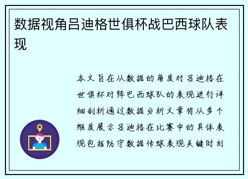 数据视角吕迪格世俱杯战巴西球队表现
