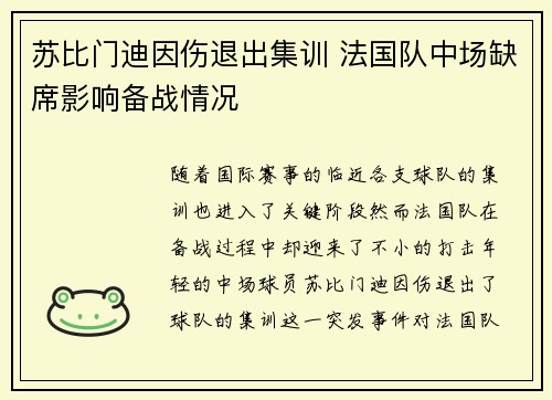 苏比门迪因伤退出集训 法国队中场缺席影响备战情况